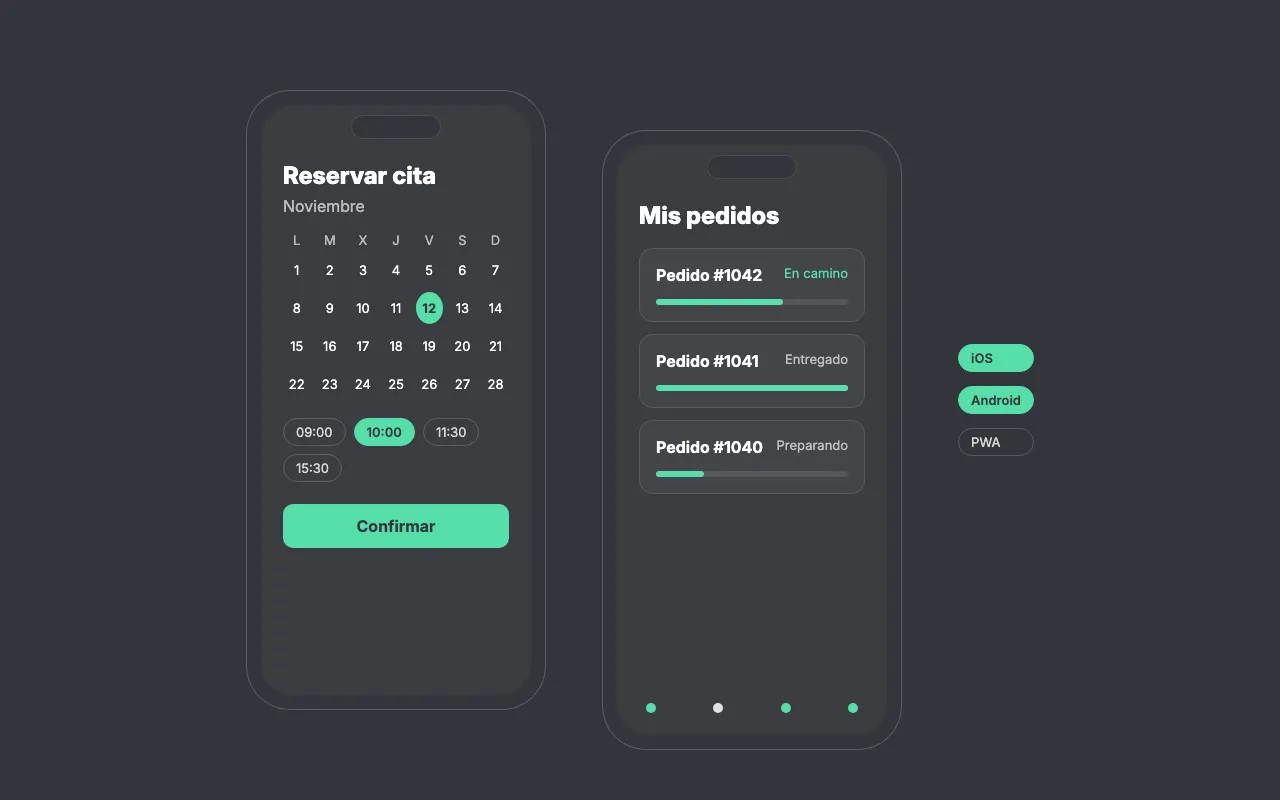 Maqueta de una app móvil para reservar citas y seguir pedidos en iOS y Android.