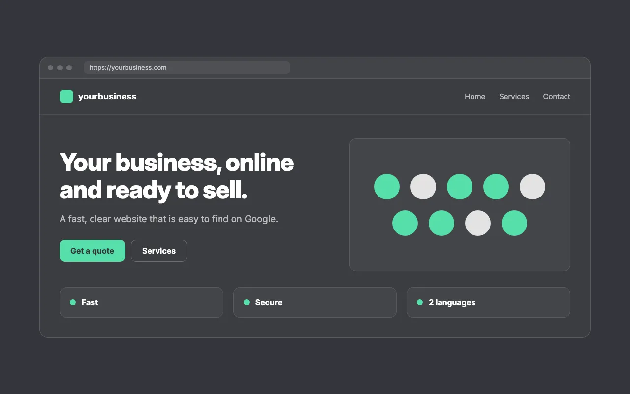 Mockup of a business website with a headline, buttons and benefits.